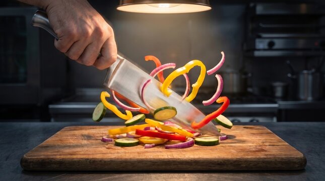 Professional chef slicing levitating vegetables with a stainless steel knife on a wooden board in a commercial kitchen