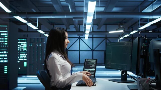 Woman engineer provides technical support inside a data center setting, using performance oversight, system reliability and database reliability while maintaining reliable digital services