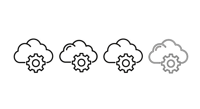 Four cloud icons with gear motifs illustrating cloud computing, automation, and technology concepts.
