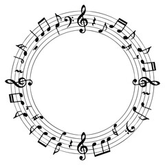 Circular music notes frame, black musical staff border on white background, round melody notation wreath vector for concert invitations © Pixel Verse Studio