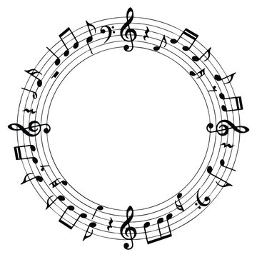 Circular music notes frame, black musical staff border on white background, round melody notation wreath vector for concert invitations