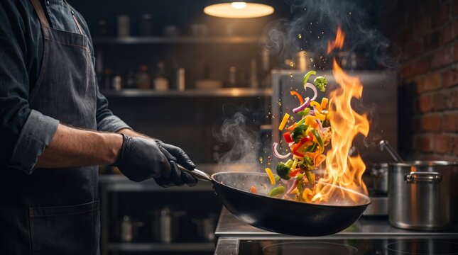 Professional chef tossing vegetables in a flaming wok within a commercial kitchen setting