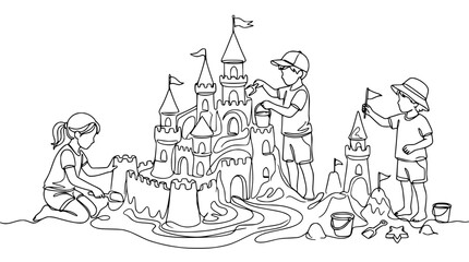 Naklejka premium Children building a sandcastle on the beach, summer vacation, line art illustration.