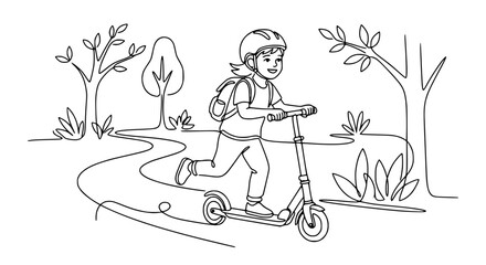 Child riding a scooter in a park, line art illustration, outdoor activity, healthy lifestyle © Azizi