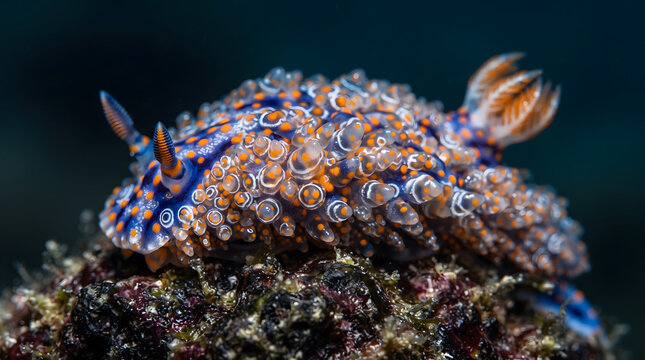 A vibrant Kalinga ornata nudibranch sea slug with ornate blue and orange papillae resting on a coral reef underwater