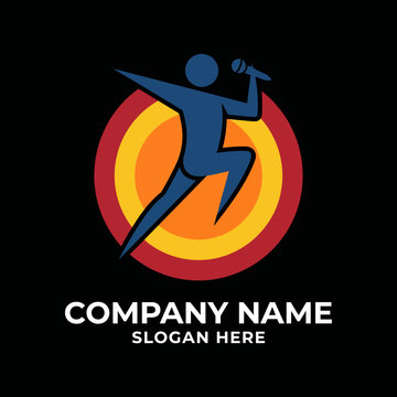 A vibrant logo depicting a figure singing into a microphone against a radiant circle background, symbolizing energy, creativity, and the power of music performance.