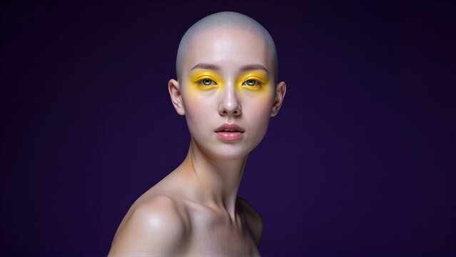 Bold yellow eye makeup contrasts with shaved head against deep purple backdrop.