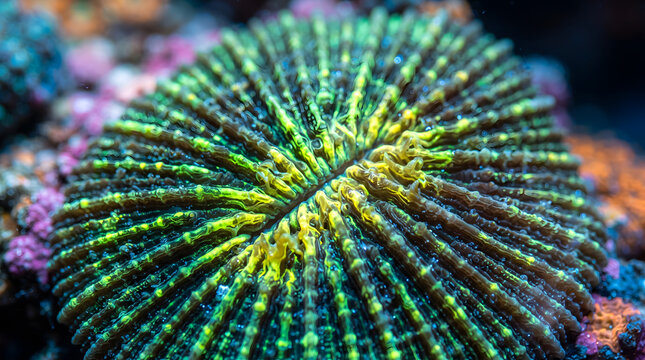 Macro photograph of a vibrant fluorescent green and yellow plate coral radiating from the center in a marine aquarium reef tank.
