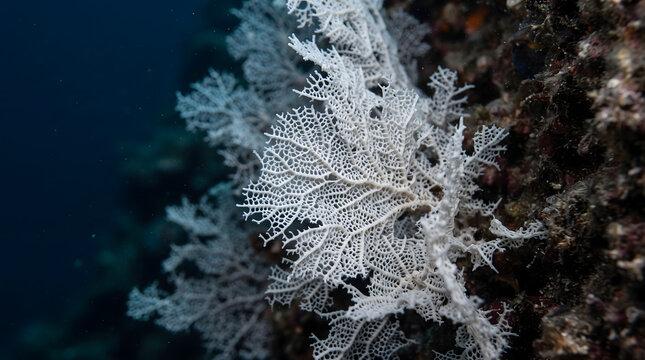Intricate white lace gorgonian coral growing on a dark rocky reef wall deep underwater in the blue ocean.