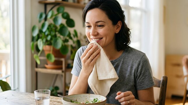 Happy Woman Wiping Mouth With Cloth Napkin While Eating Salad At Home Dining Table