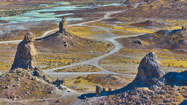 Aerial Trona Pinnacles Tufa Towers and Winding Desert Roads California