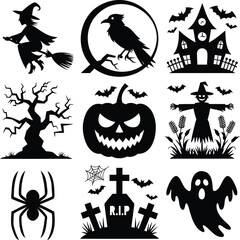 Fototapeta premium Comprehensive set of black Halloween silhouettes featuring various spooky elements and traditional symbols