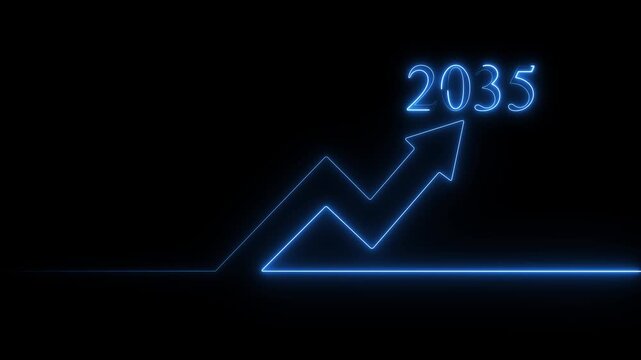 Neon blue financial growth chart rising to 2035 year marker on black background, business projection glowing
