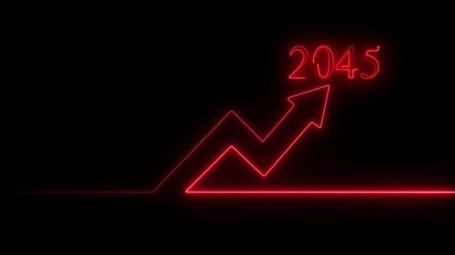 Neon red financial growth chart arrow rising to 2045 year concept on black background, business