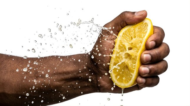 Person hand squeezing fresh yellow lemon with juice splashing on white