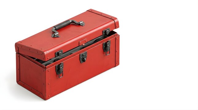 Red metal tool box with latches for home improvement projects and repair