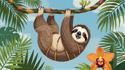 Fototapeta premium A happy sloth hangs from a vine in a vibrant jungle with flowers and leaves.