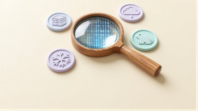 Magnifying glass reveals binary code, surrounded by weather and data icon tokens.