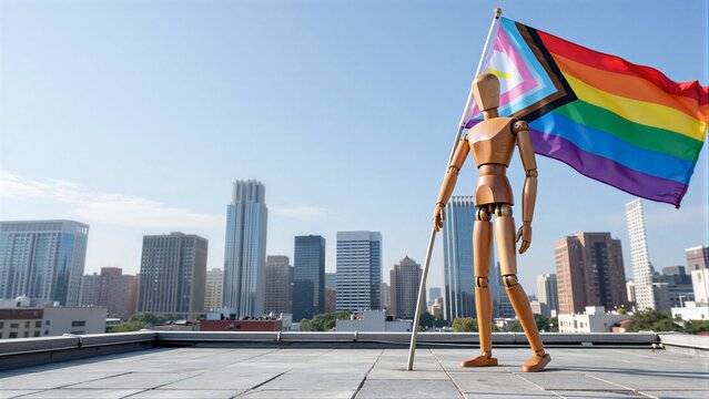 Wooden figure stands on rooftop, waving rainbow and trans flags against city skyline.