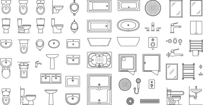Bathroom Fixtures CAD Blocks Collection with Toilets Sinks Bathtubs Showers Plumbing Symbols and Interior Plan Vector Set