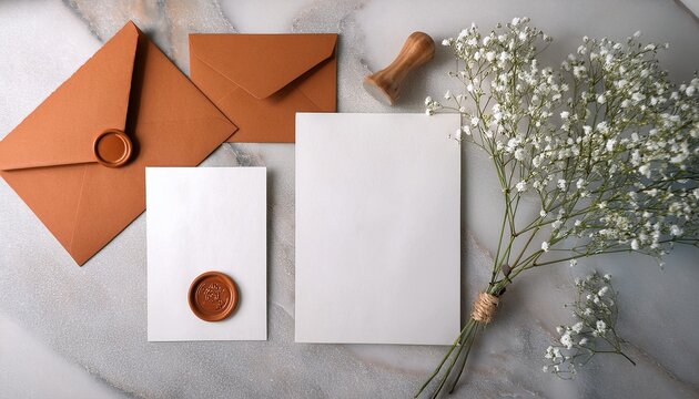 flat lay of blank white cards terracotta envelopes wax seal and gypsophila flowers on a luxurious marble background