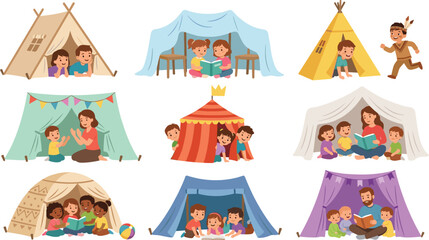 Kids Playing in Blanket Forts and Homemade Tents Vector Character Set with Family Reading Books and Indoor Camping Activities © Rimu