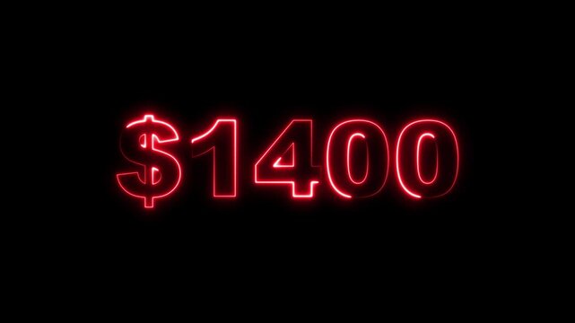 Glowing Neon 1400 Dollars Text Icon Animation on Black Background 4K