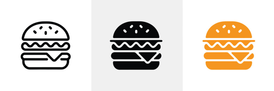Burger Vector Icon Collection With Outline, Filled Black, And Orange Hamburger Designs, Modern Fast Food Symbols For Menu Design, Restaurant Branding, Takeaway Apps, Advertising, And Promotional Graph