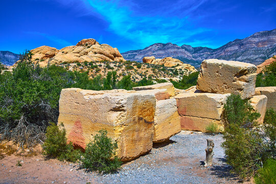 Red Rock Canyon Quarry Blocks Desert Vegetation and Mountain Landscape Nevada