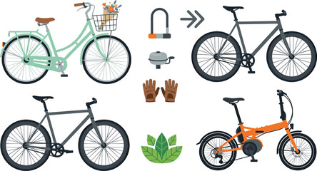 Naklejka premium Modern Urban City Bicycle and Smart Eco Transportation Vector Icon Set with Mint Basket Cruiser Fixed Gear Bike Electric Folding Bicycle and Safety Accessories