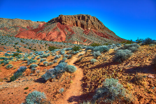 Pinnacles Trail Winding Through Red Desert Landscape and Rugged Mesa Under Blue Sky