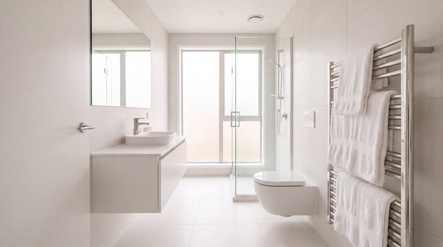 Modern white bathroom with glass shower, toilet, and heated towel rail
