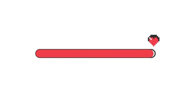 Flat design animation of red pixel heart icon moving along filling progress bar on white background