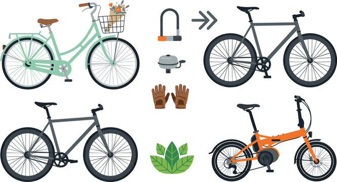 Modern Urban City Bicycle and Smart Eco Transportation Vector Icon Set with Mint Basket Cruiser Fixed Gear Bike Electric Folding Bicycle and Safety Accessories