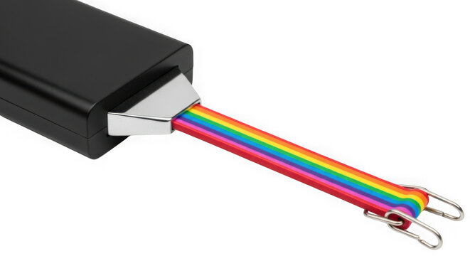 Black electronic connector with a colorful rainbow ribbon cable isolated on transparent background