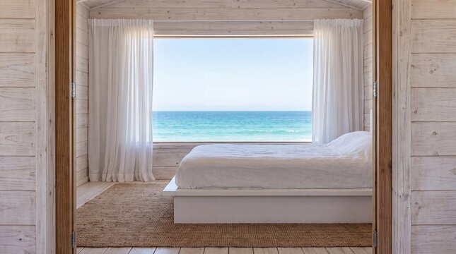 Bed positioned by an open window with sheer curtains framing an ocean view