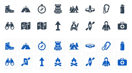 Hiking and camping icons, flat design style, outdoor adventure symbols collection, dark blue color. © Mehedi