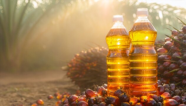 Two bottles of golden cooking oil stand among fresh red palm fruits in a sunlit plantation. The warm morning glow highlights the liquid's rich color against a hazy, natural agricultural background.