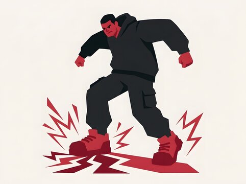 Furious strong man stomping feet in intense anger with ground cracking effect