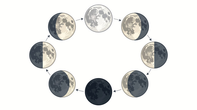 Lunar phase cycle illustration. Moon phases diagram showing the monthly orbit sequence.