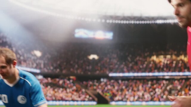 Soccer player controls the ball in attack action, running forward as striker accelerates with possession, agility, and football footwork on the stadium pitch.