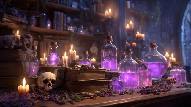 Magical alchemist wooden table filled with purple glowing potions and skulls near candles.