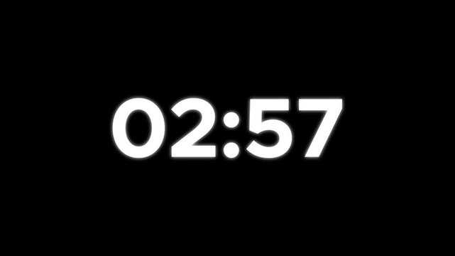 Countdown Timer Stock Video Footage, 3 minutes, alpha channel, digital style on black background.