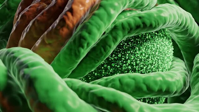 Cross-section of biological cell with green and orange layers.