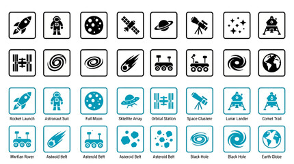 Space and astronomy vector icon set with flat celestial and exploration elements. © Mehedi