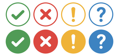 Check Mark And Status Icon Collection With Tick, Cross, Warning, And Question Symbols, Approval, Rejection, Verification, Validation, Task Completion, And Productivity Vector Graphics Isolated On Tran © Kh
