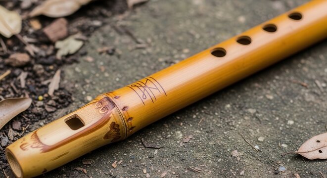 Bamboo Flute with Ornate Carvings on Cracked Stone