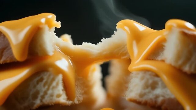 Melted cheese being pulled apart from a warm sandwich with macro extreme close-up and cinematic lighting