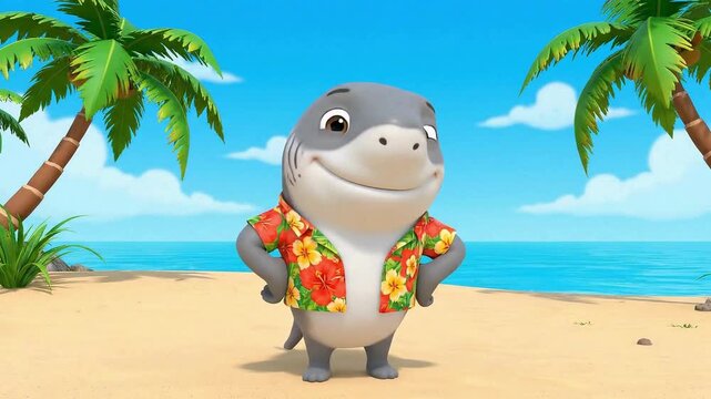 Cute cartoon shark wearing hawaiian shirt standing on tropical beach ocean vacation summer