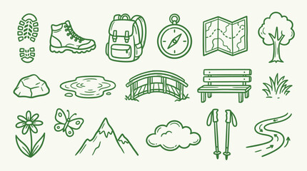 Collection of hand-drawn outdoor adventure and nature icons, perfect for travel and hiking themes. © logan